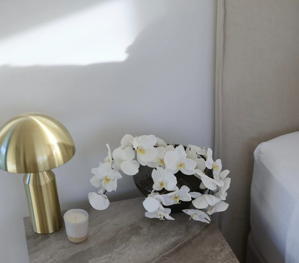 Lunar River marble bedside table styled by Simone Anderson