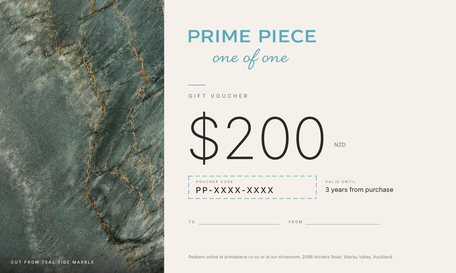 Prime Piece $200 gift voucher, Teal Tide marble